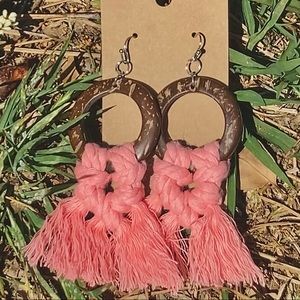 Pink macrame wooden earrings